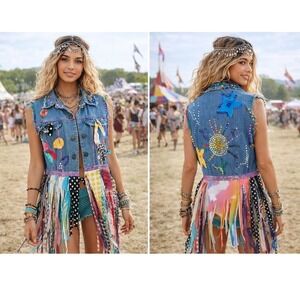 Upcycled Denim Festival Vest L Blue Patchwork Fringe Rhinestone Boho OOAK VTG